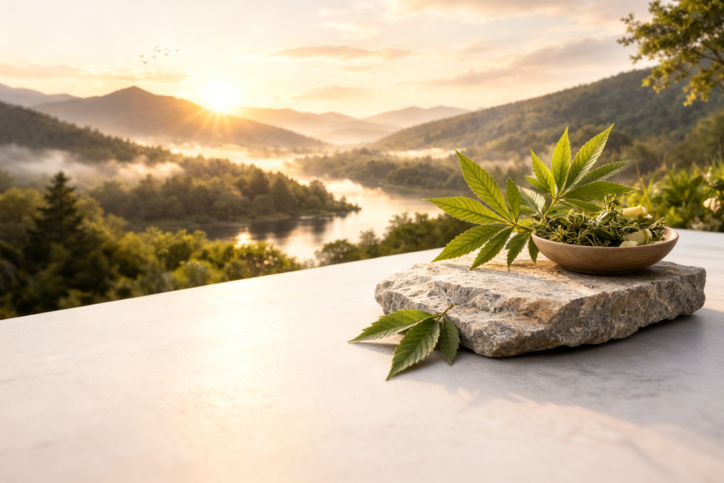 Egy kő párkányon, a lenyűgöző hegyi táj, a ködös folyó és a naplemente előterében, kender (CBD) növények, a Naturecan CBD olaj üvege és egy GAL vitamin doboz látható. A Pureroot immunrendszer erősítő és természetes védekezést segítő termékeit képviseli.