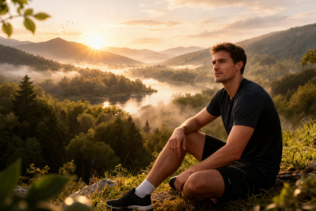 Egy fitt férfi ül egy sziklás, füves hegyoldalon, mélyen elgondolkodva a lenyűgöző hegyi tájat, a ködös folyót és a felkelő napot nézi. Előtérben egy Naturecan CBD olaj üvege és egy GAL vitamin doboz látható, amely a Pureroot természetes életerő és regeneráció termékeit képviseli.