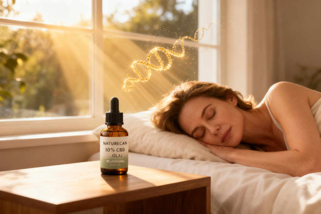 Békésen alvó nő egy napfényes hálószobában, feje felett a sejtszintű megújulást jelképező aranyszínű részecskékkel. Az előtérben egy Naturecan 10% CBD Olaj Melatoninnal üvege látható a Pureroot wellness kínálatában.