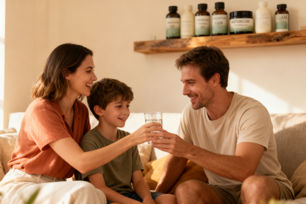 Többgenerációs család boldog pillanata egy napfényes nappaliban, a háttérben Naturecan és GAL étrend-kiegészítőkkel – Pureroot családi egészség.