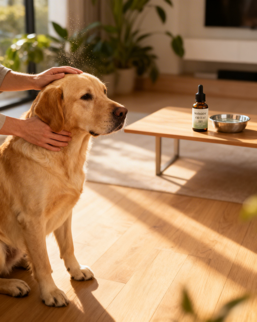 Boldog és egészséges kutya egy napfényes szobában, Naturecan Pet CBD olajjal – természetes ízületvédelem és stresszoldás kisállatoknak a Pureroot kínálatában.