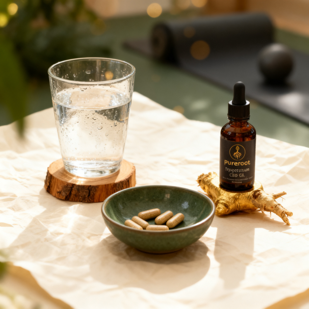 Prémium kompozíció egy pohár vízzel fa alátéten, egy tálca botanikai kapszulával és egy üveg Naturecan CBD olajjal, fenyőzöld és antik arany színekben, a Pureroot.eu edzés utáni regenerációról szóló cikkéhez.